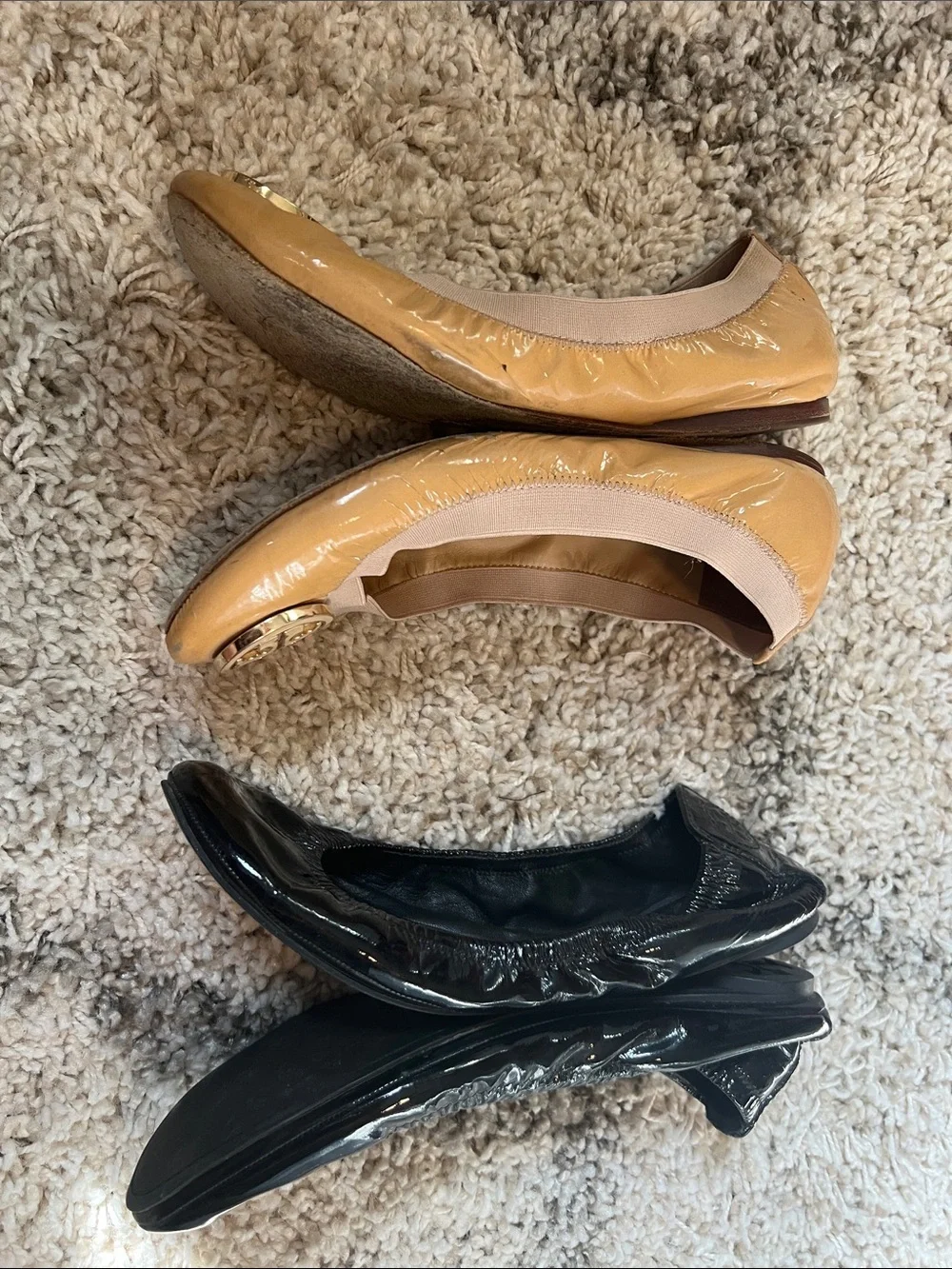 TORY BURCH Patent Leather Ballet Flats in Tan and Black - 2 Pairs!